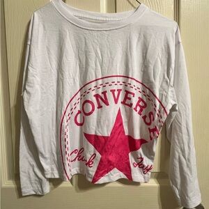 Converse White Chuck Patch Girls  Long Sleeve Tee with a pink logo graphic-Sz M